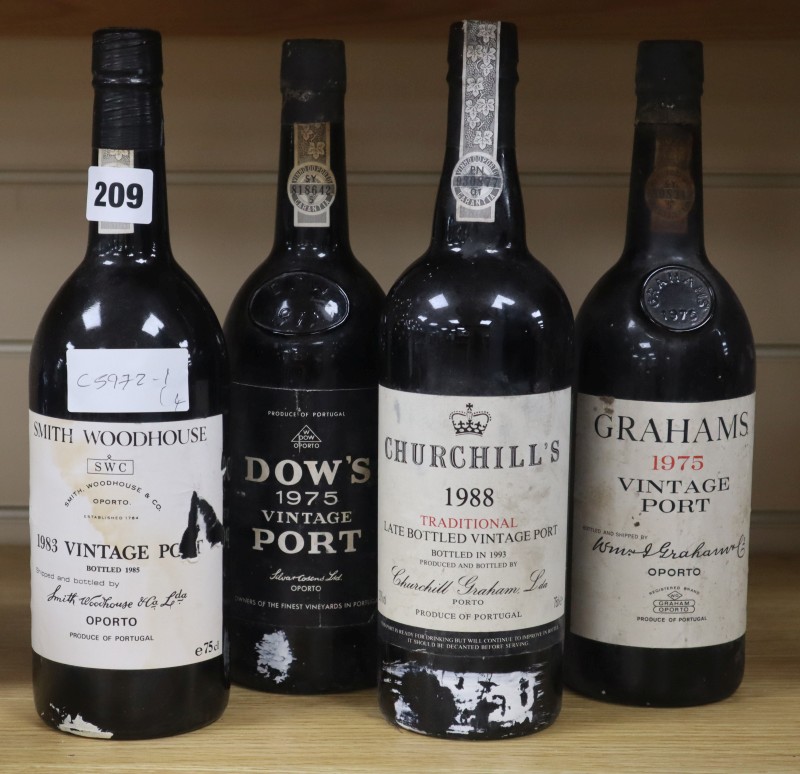 Four bottles of Port: Grahams 1975, Churchills 1988, Smith Woodhouse 1983 and Dows 1975